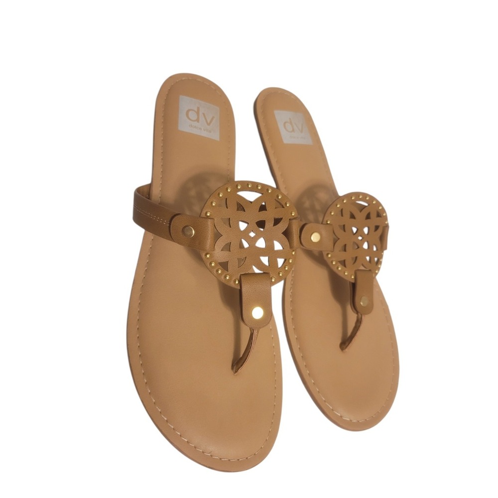 Dolce Vita Sandal Womens 11 Gotie Flip Flop Brown Tan Gold Tone Hardware DKBJ - Picture 2 of 9